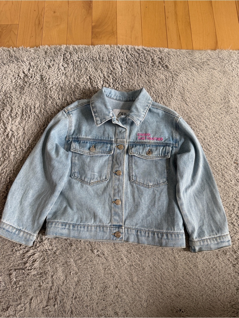 Zara Light Blue Denim Jacket with Pink Embroidery